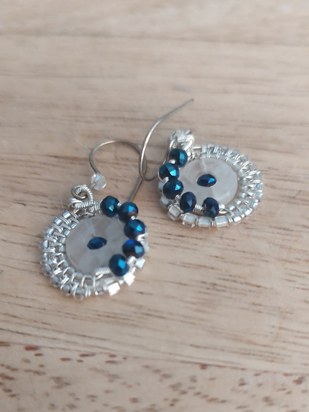 Handmade Silver & Blue Beaded Drop Earrings